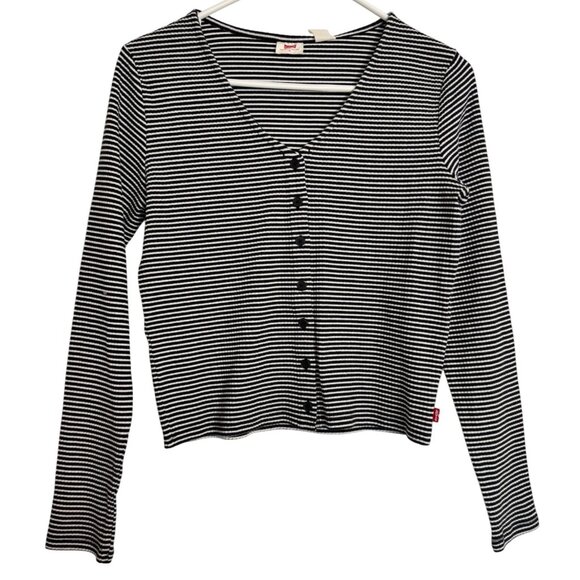 Levi Striped Button Up Slim Fit Size Medium Top NWT $35 V Neck Stretch Cropped - Picture 1 of 6